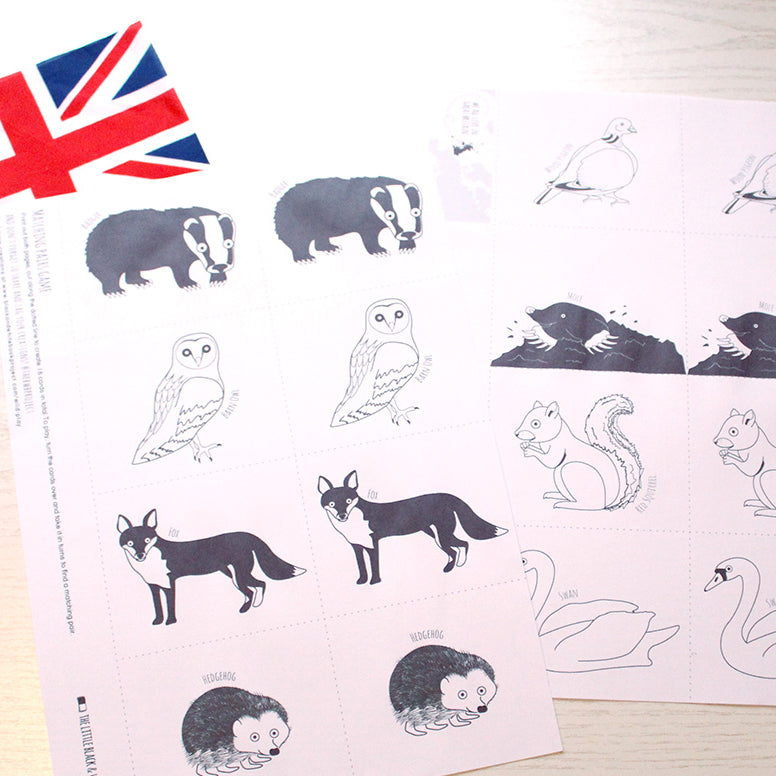 Printable pairs game with British animals