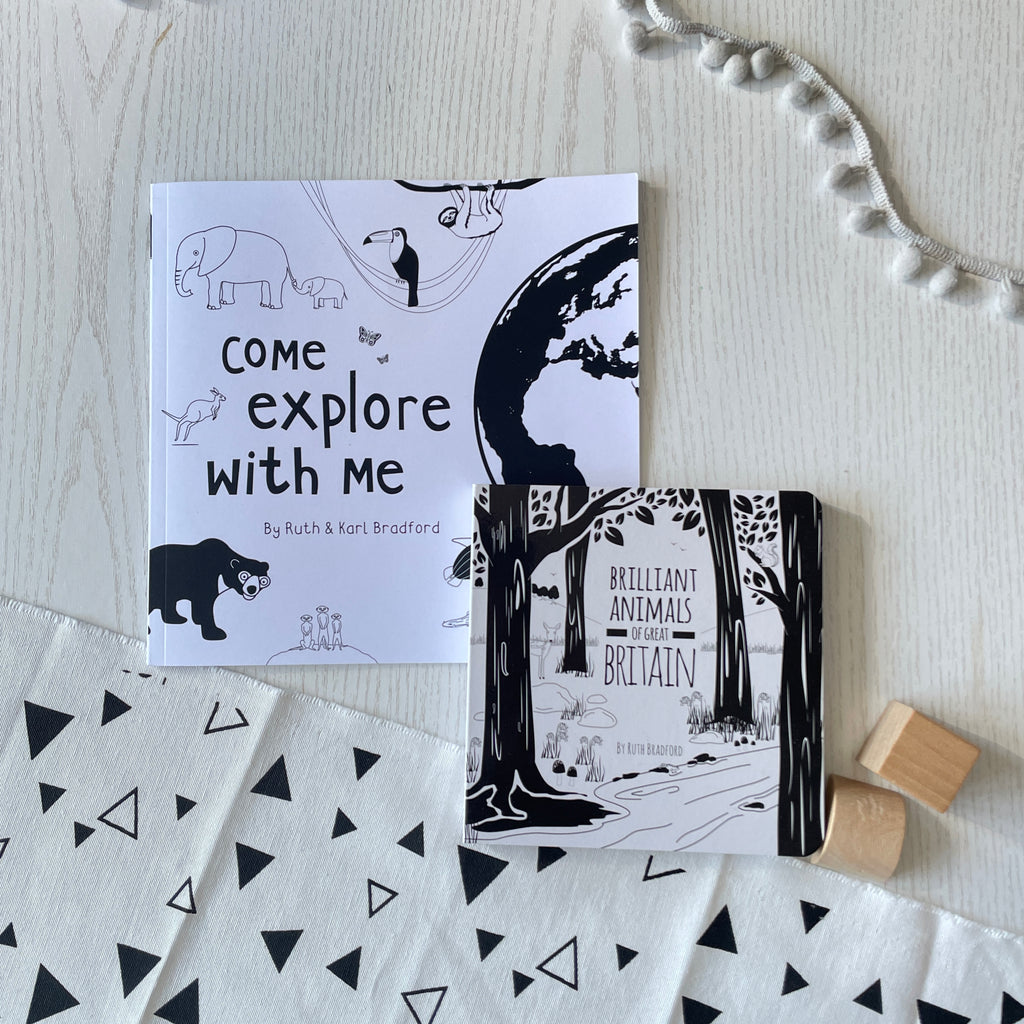 A gift set with Come Explore With Me story book and Brilliant Animals of Great Britain sensory board book in black and white by Ruth Bradford